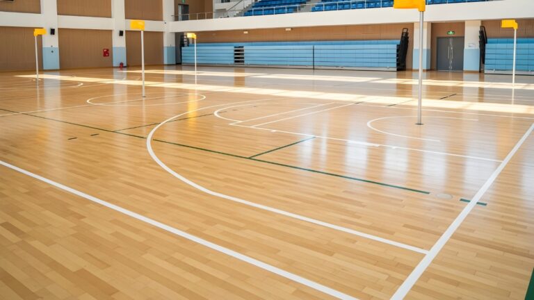 Indoor sports hall with multiple yellow-supported posts and a wooden floor