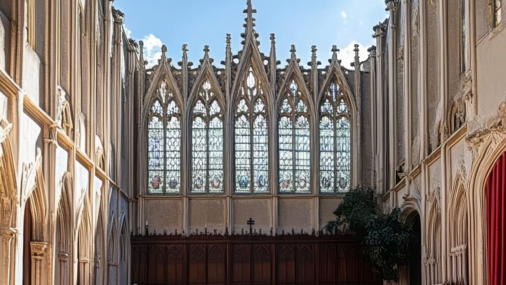 Interior of a cathedral with stained glass windows and gothic architecture