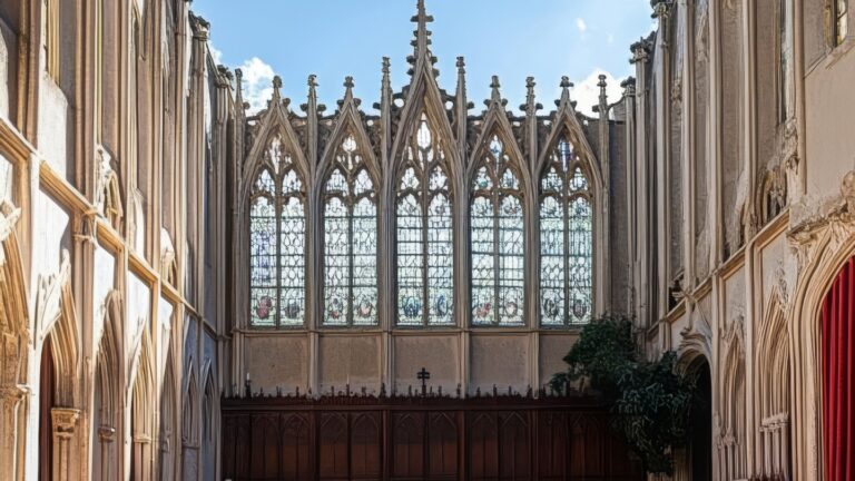 Interior of a cathedral with stained glass windows and gothic architecture