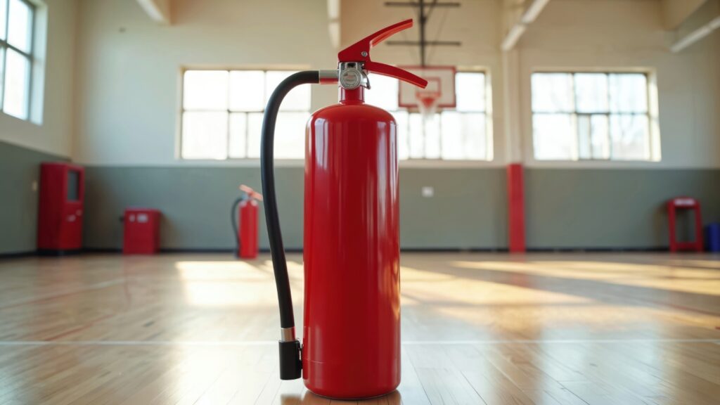 Red fire extinguisher standing on a wooden basketball court