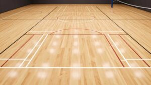 Indoor basketball court with polished wooden flooring and marked lines