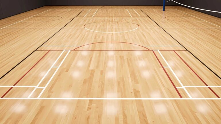 Indoor basketball court with polished wooden flooring and marked lines