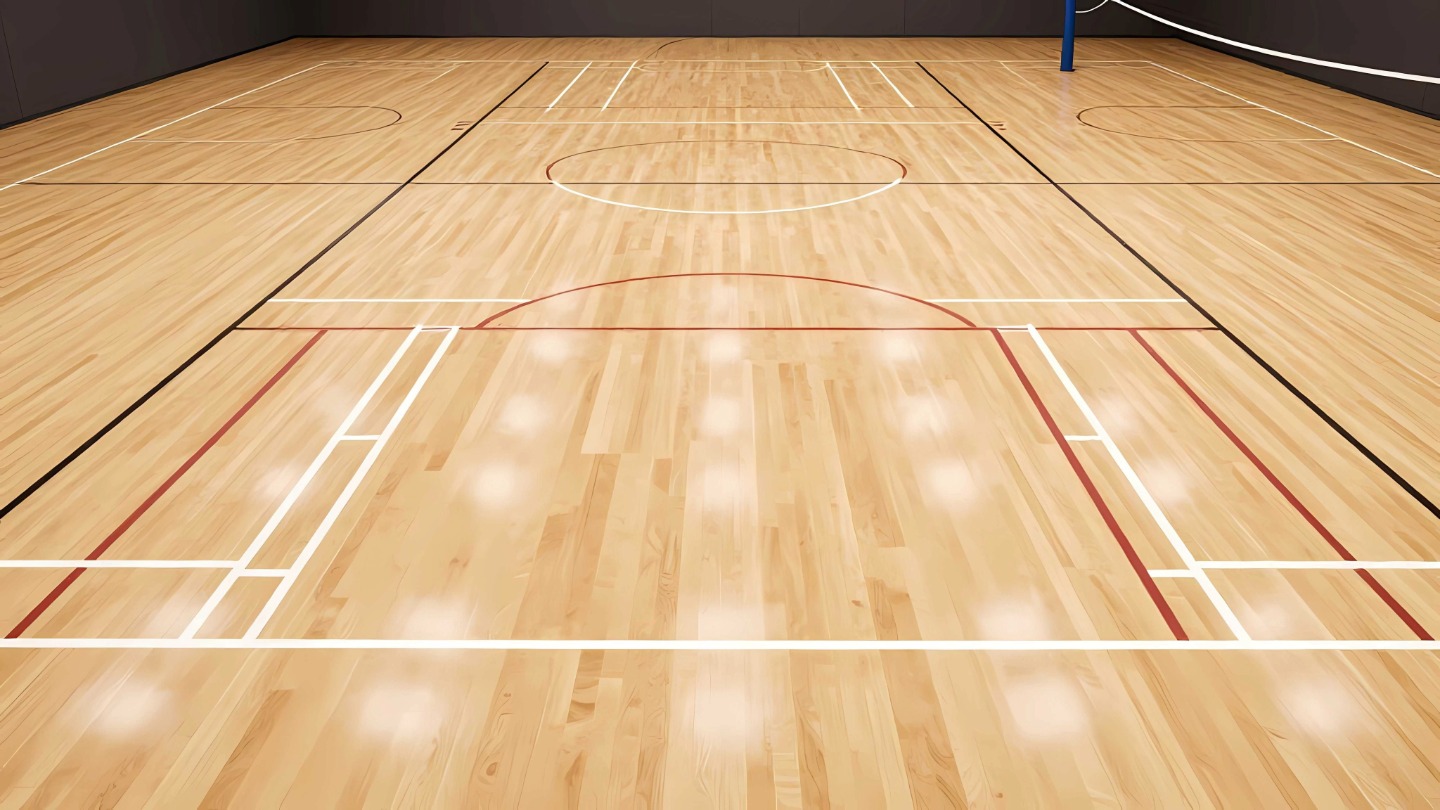 Indoor basketball court with polished wooden flooring and marked lines