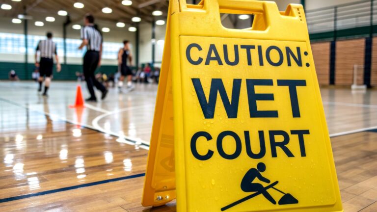 Caution wet court sign on a basketball court with players in the background