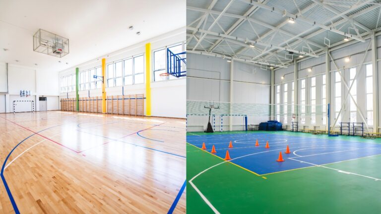 A comparison of two indoor sports halls with basketball courts, one with wooden flooring and the other with green and blue rubber flooring