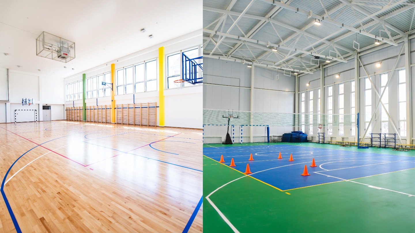 A comparison of two indoor sports halls with basketball courts, one with wooden flooring and the other with green and blue rubber flooring