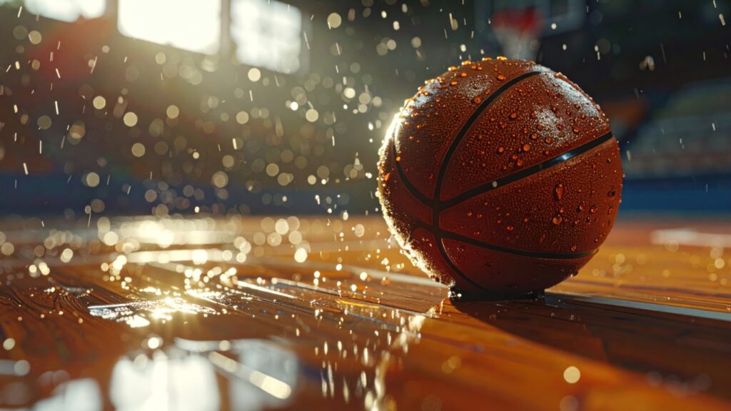 A basketball on a wet indoor court with droplets and sunlight