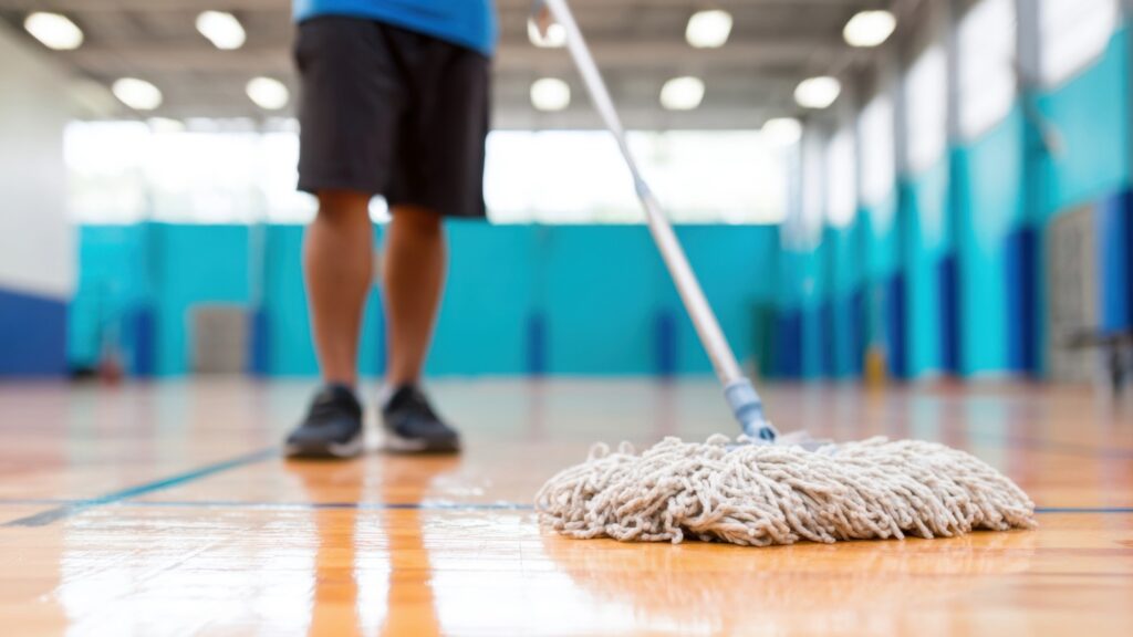 Person mopping the floor of a large indoor gym