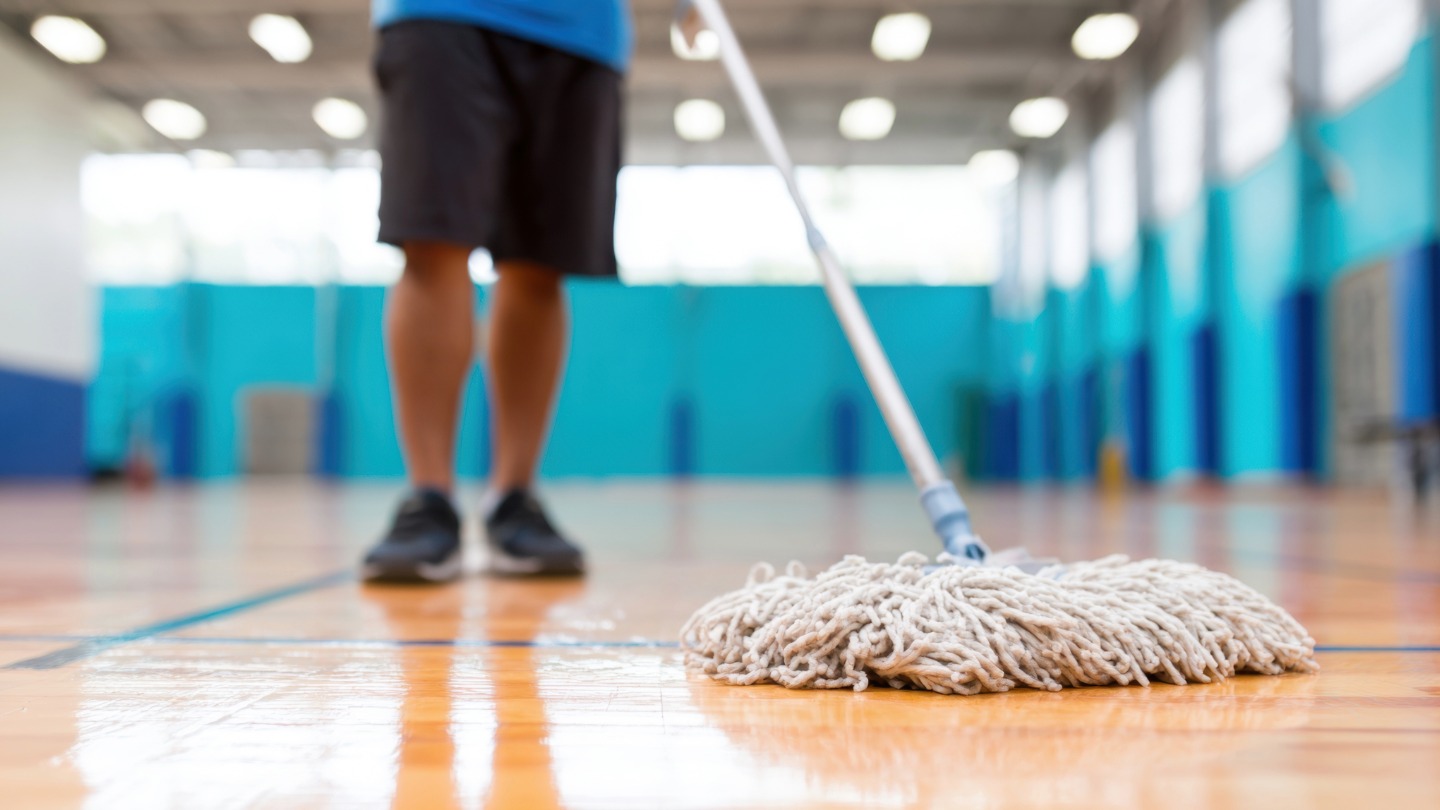 Person mopping the floor of a large indoor gym