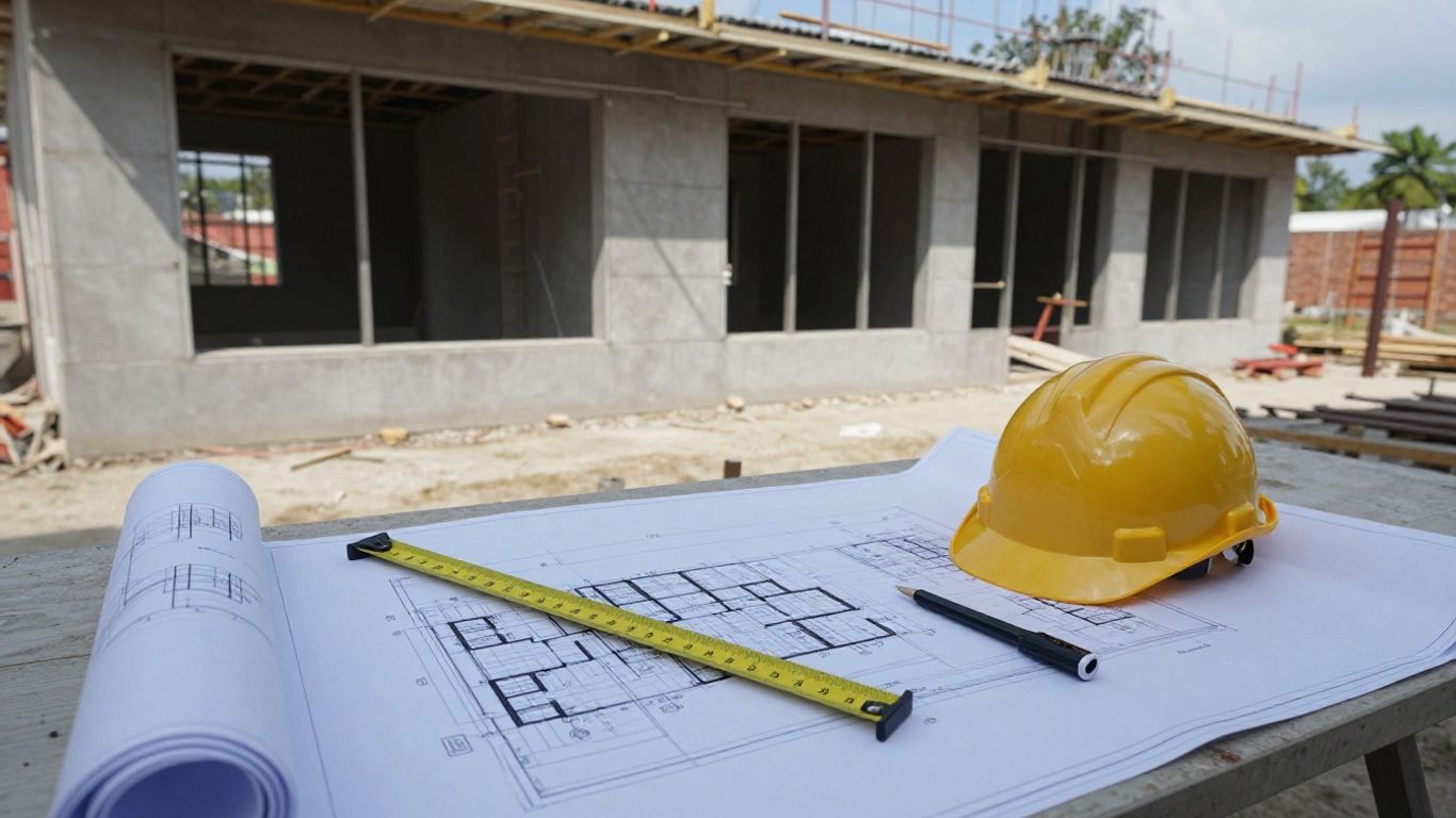 Construction of a gym extension with blueprints and tools.
