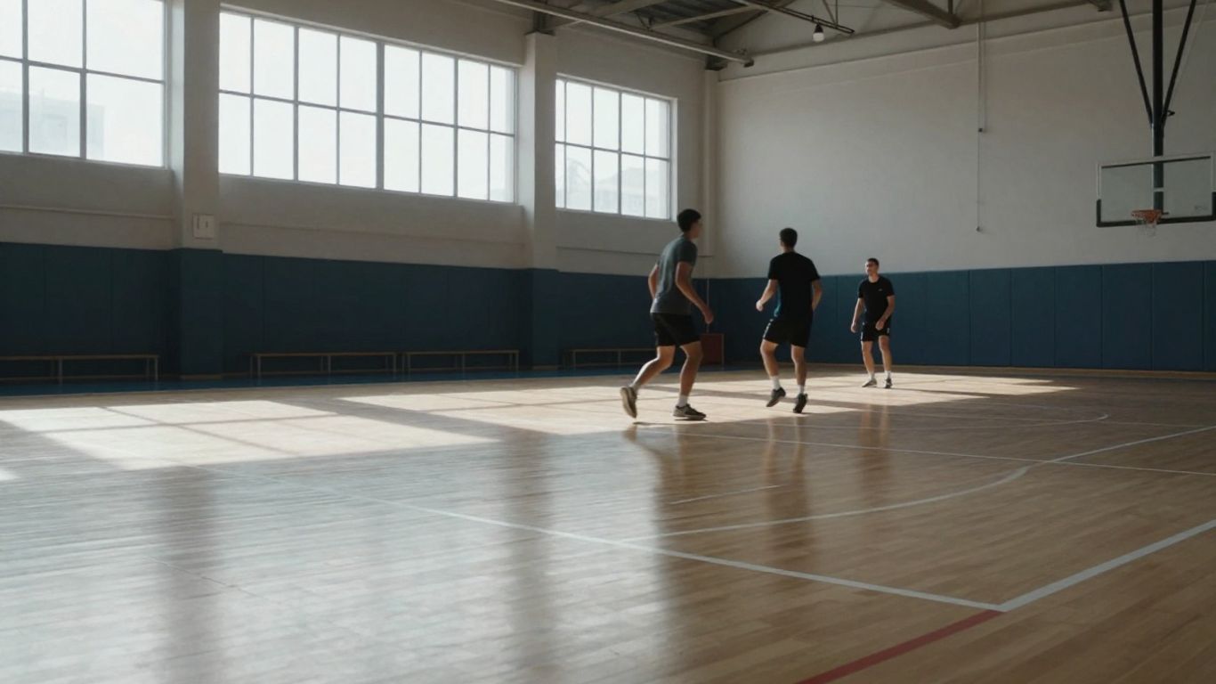 Indoor sports floor with court markings and natural light.