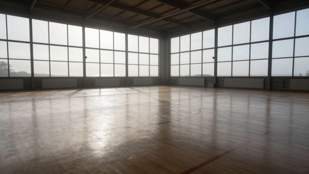 Sports arena floor with coastal humidity effects.